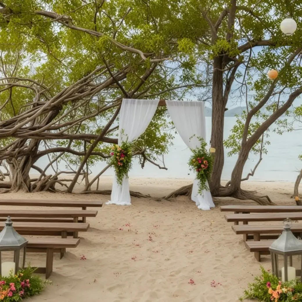 Beachfront wedding ceremony with wooden benches and white draped arch at Secrets Papagayo, Papagayo