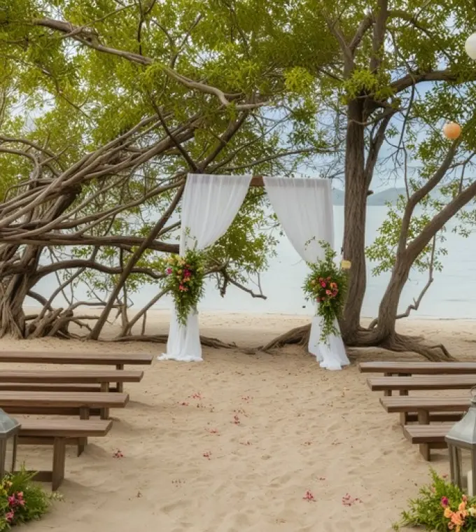 Beachfront wedding ceremony with wooden benches and white draped arch at Secrets Papagayo, Papagayo
