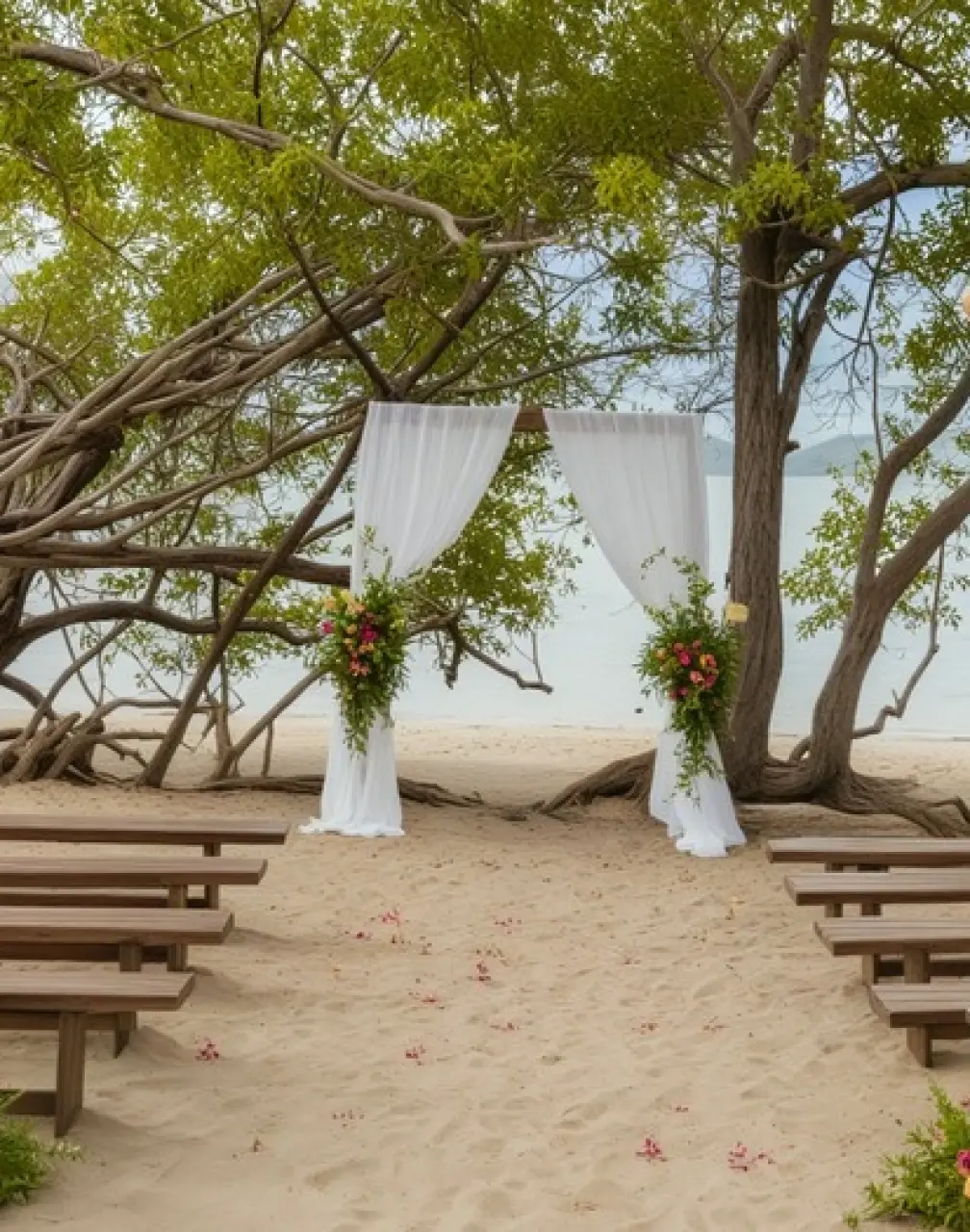 Beachfront wedding ceremony with wooden benches and white draped arch at Secrets Papagayo, Papagayo