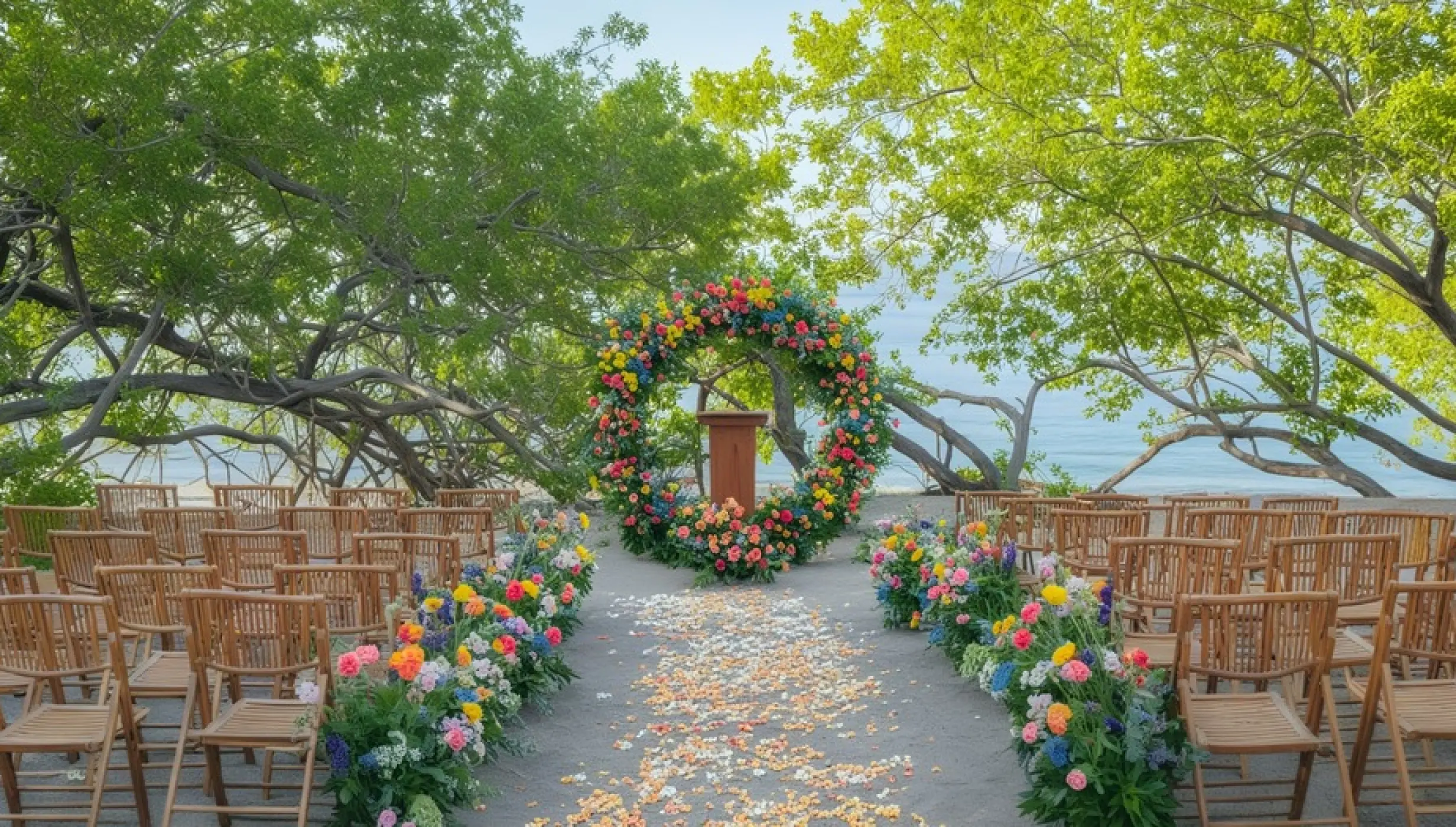 Floral circle arch for a beach wedding ceremony at Secrets Papagayo, Papagayo
