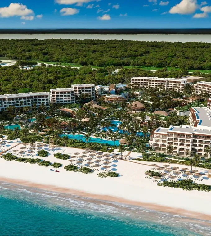 Aerial view of Secrets Playa Blanca beachfront and pools, Cancun