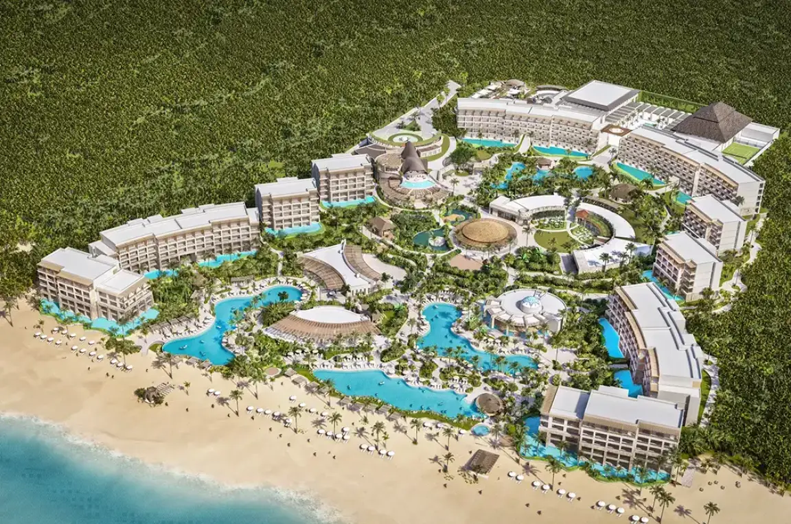 Aerial view of Secrets Playa Blanca beachfront grounds and pools, Cancun
