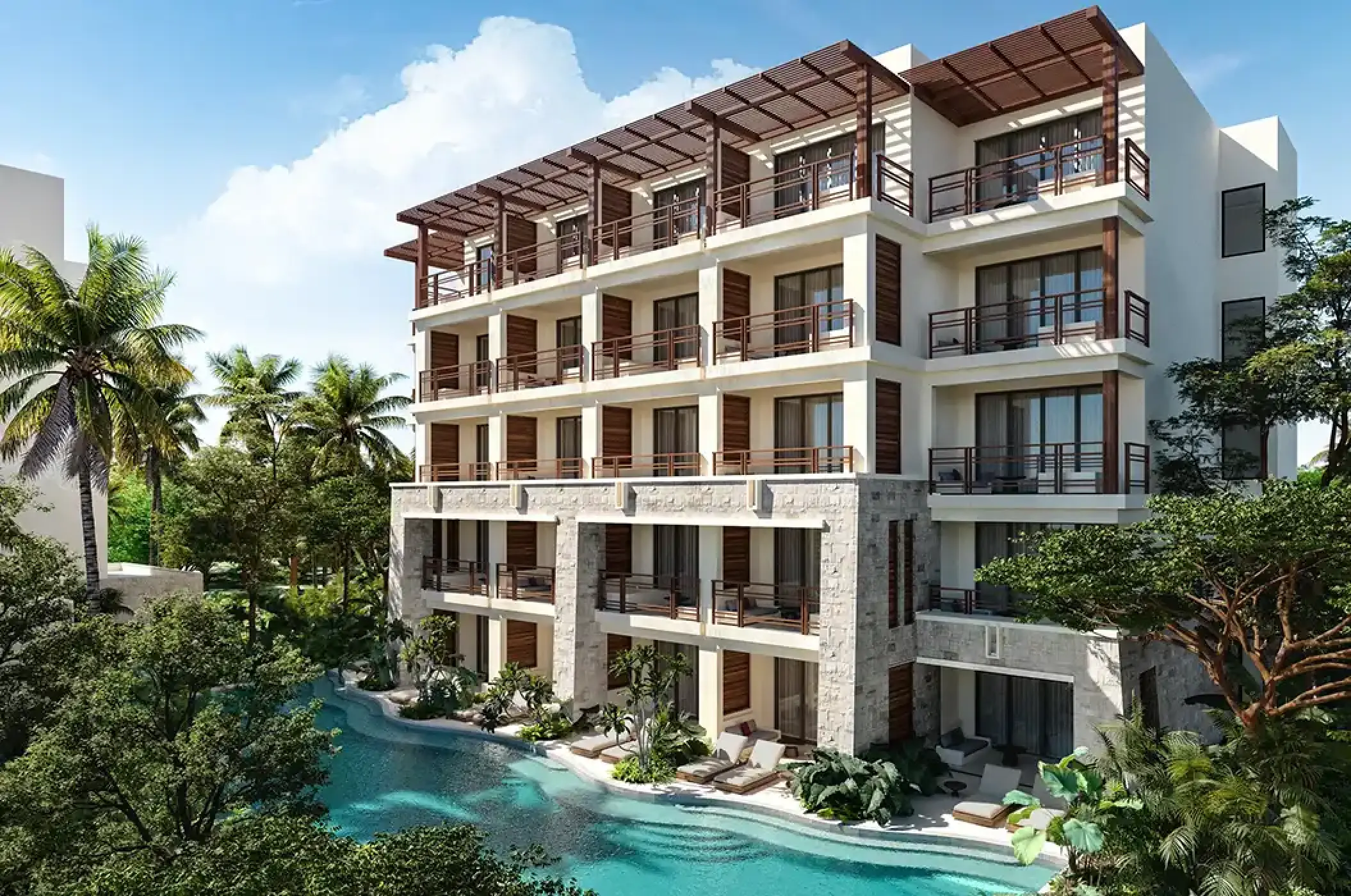 Secrets Playa Blanca exterior guest room building and swim-out pools, Cancun