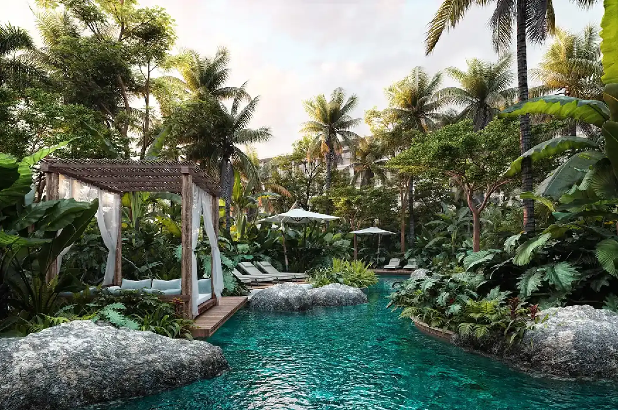 Secrets Playa Blanca Costa Mujeres jungle pool with a shaded cabana and lush tropical palms, Cancun
