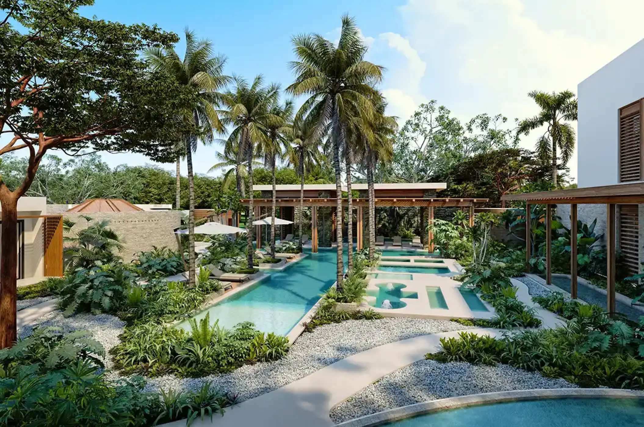 Secrets Playa Blanca outdoor spa pools and tropical gardens, Cancun