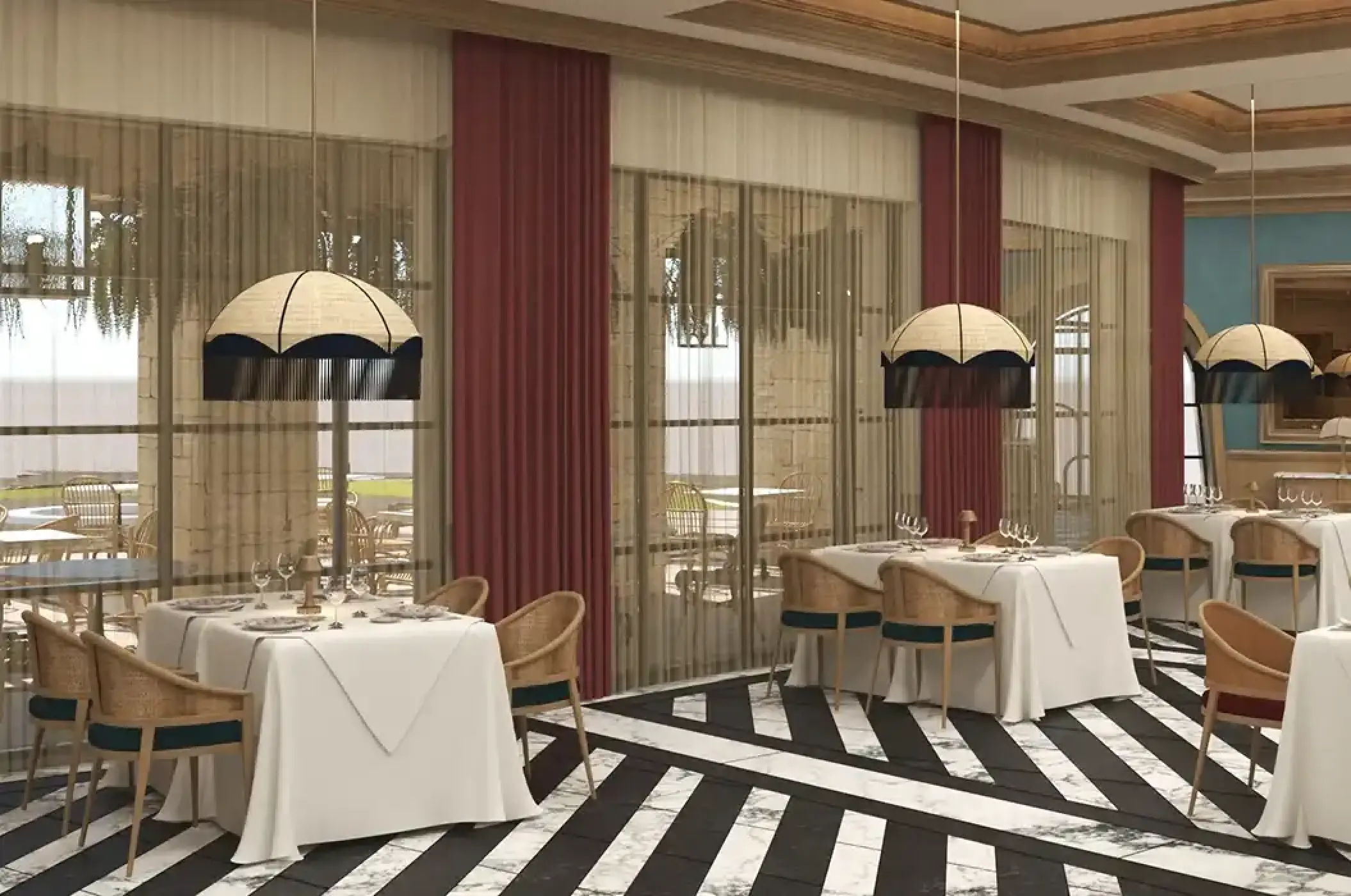 Bordeaux restaurant dining room with black and white floors at Secrets Playa Blanca, Cancun