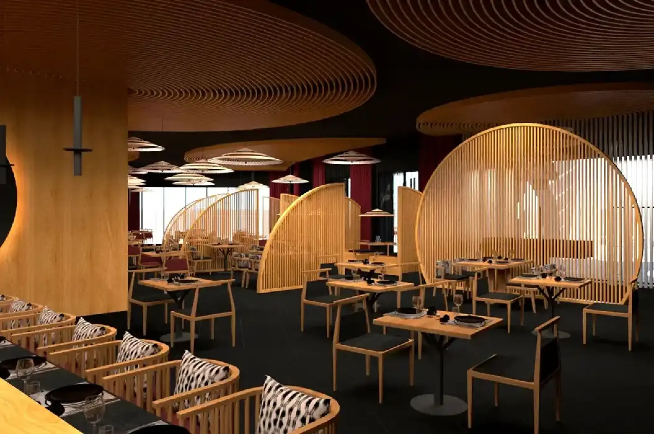 Himitsu restaurant with modern wood dividers and circular ceiling features at Secrets Playa Blanca, Cancun