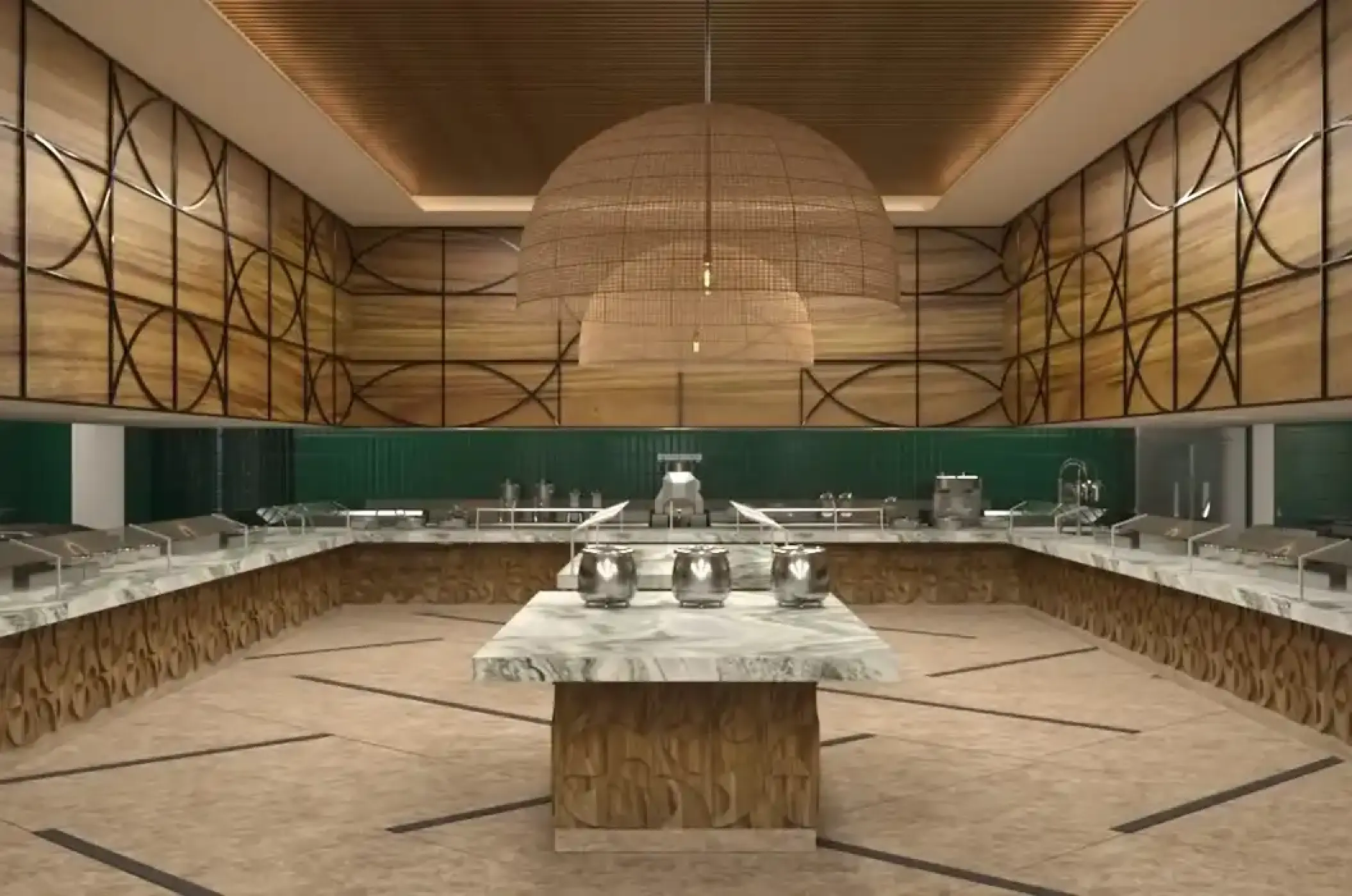 Market buffet restaurant with wood-paneled walls and wicker lighting at Secrets Playa Blanca, Cancun