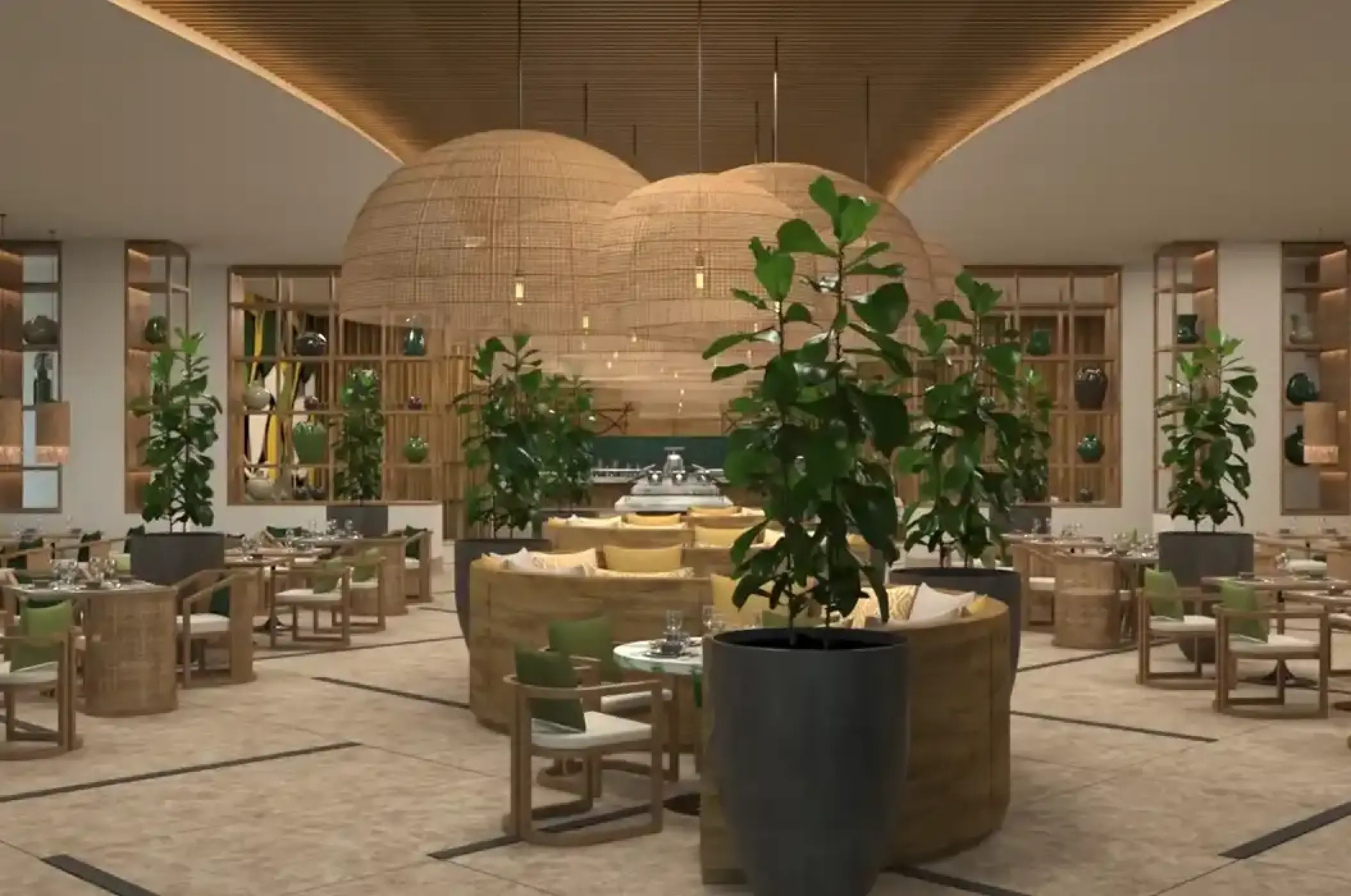Market Cafe restaurant with large woven light fixtures and potted plants at Secrets Playa Blanca, Cancun