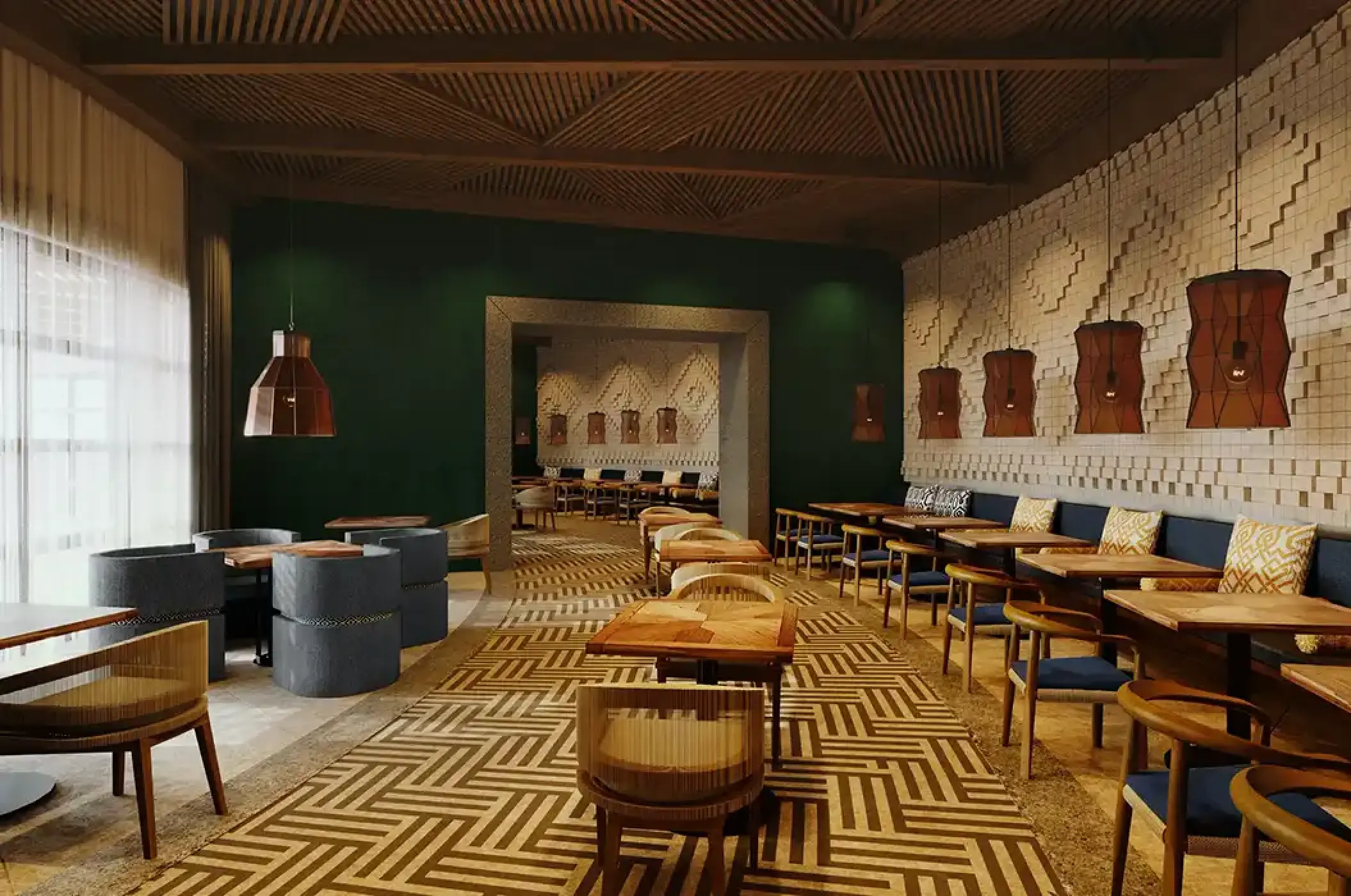 Modern indoor dining room with wood furnishings at Secrets Playa Blanca, Cancun