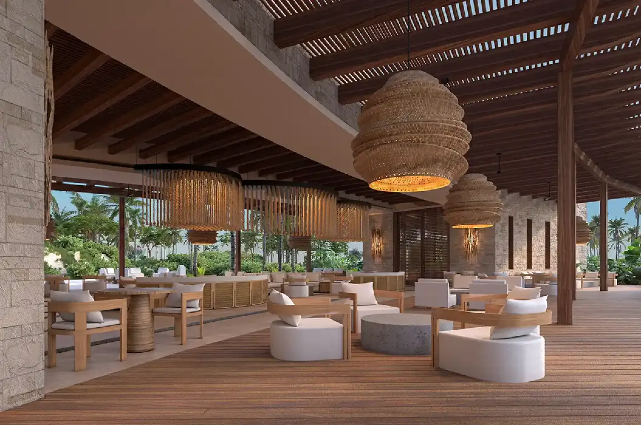 Open-air lounge with woven pendant lights and wooden seating at Secrets Playa Blanca Costa Mujeres, Cancun