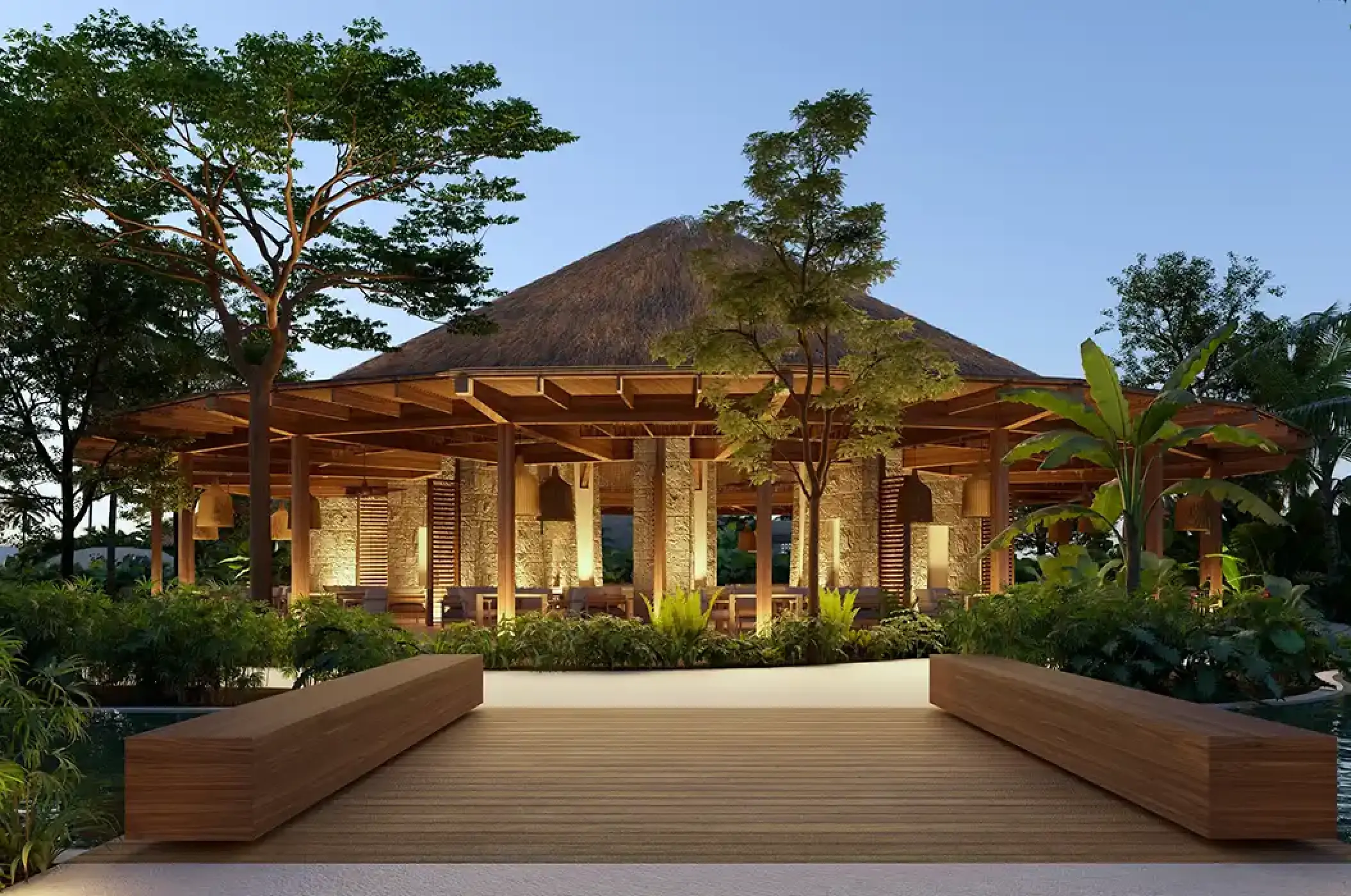 Rendezvous lobby bar with thatched roof at Secrets Playa Blanca Costa Mujeres, Cancun