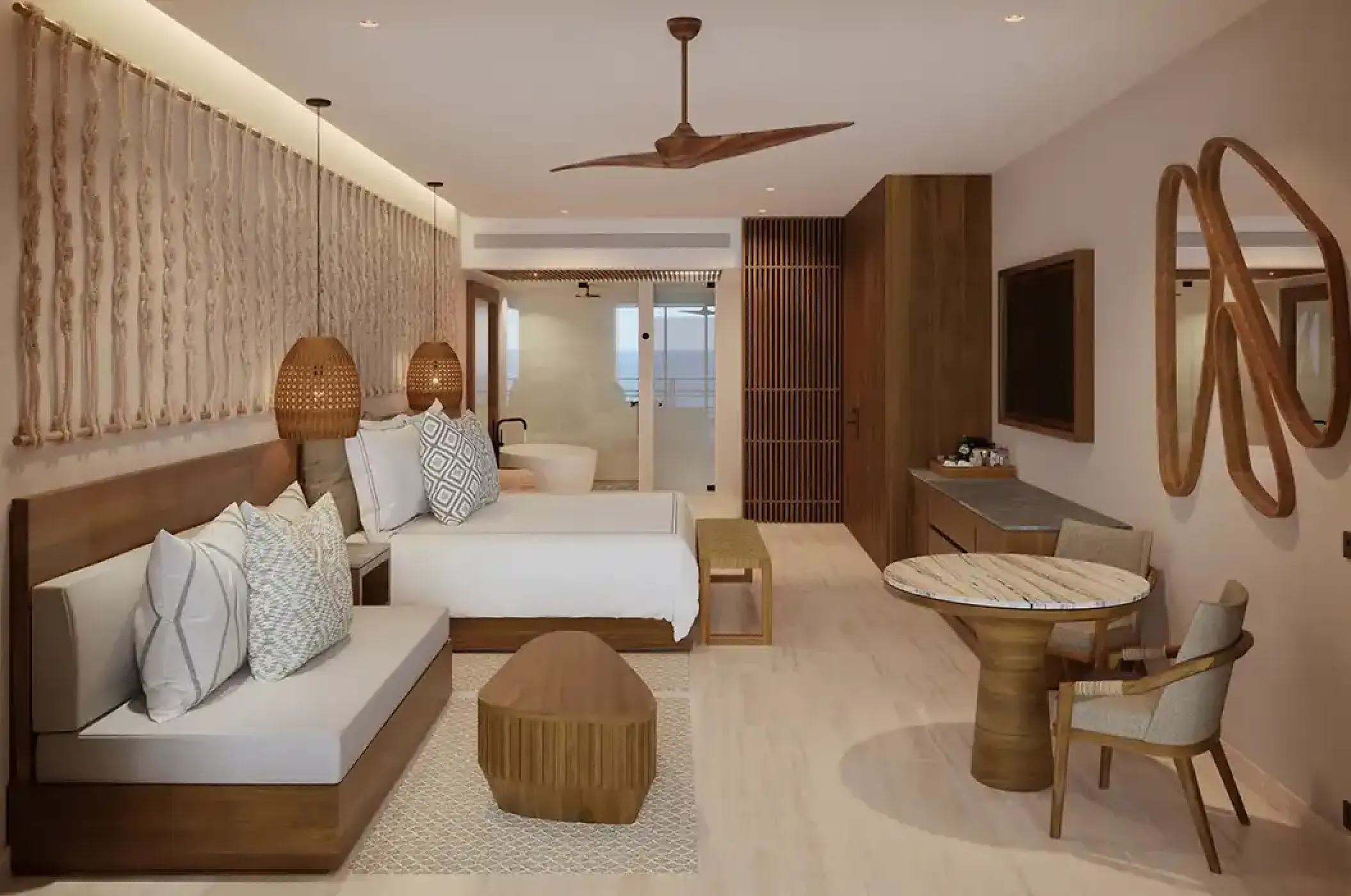 Junior suite with neutral decor and wooden accents at Secrets Playa Blanca, Cancun