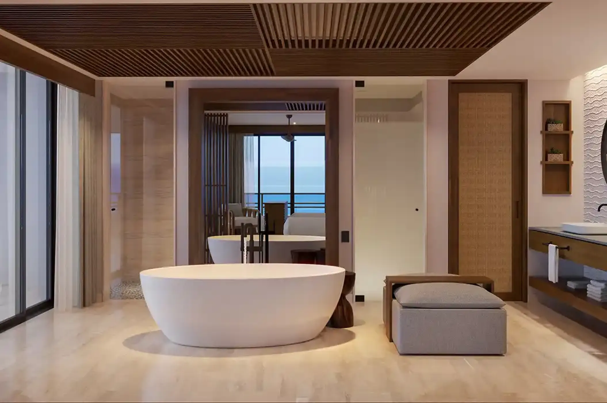 Modern master bathroom with a white soaking tub and wood paneling at Secrets Playa Blanca, Cancun