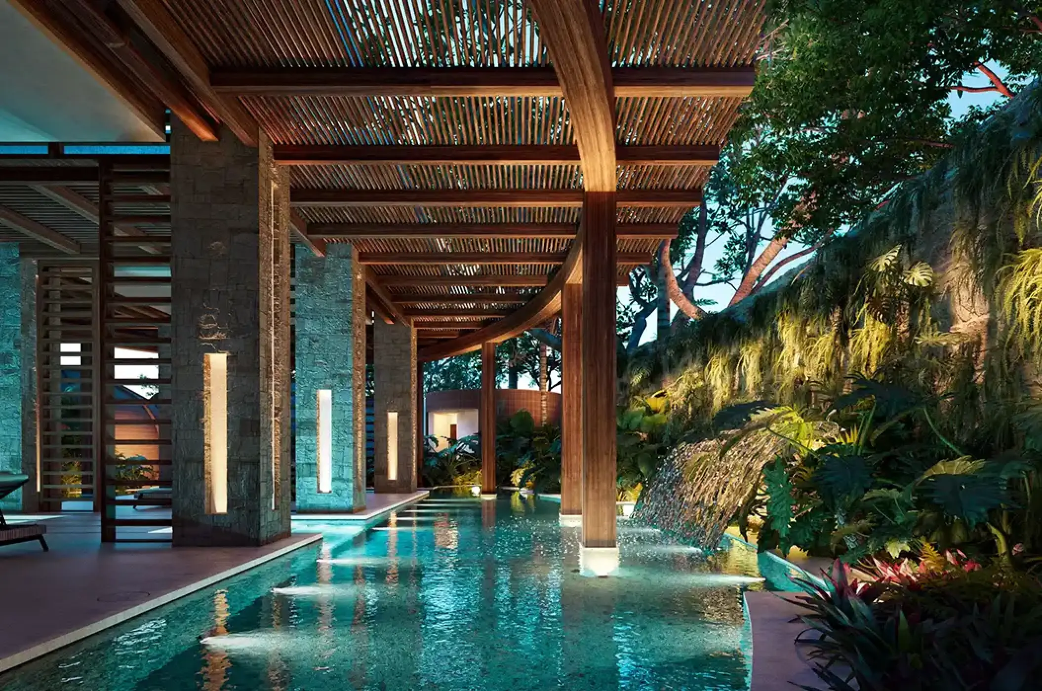 Indoor spa pool with waterfall and wooden pergola at Secrets Playa Blanca, Cancun