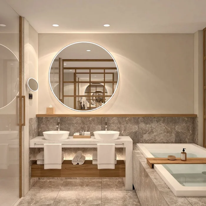 A modern bathroom with a double sink vanity, a large round illuminated mirror, and a spacious bathtub.