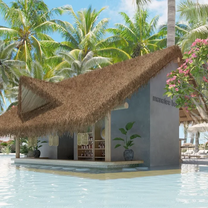 An outdoor Manatee swim-up bar at Secrets Playa Esmeralda, with a thatched roof and palm trees.