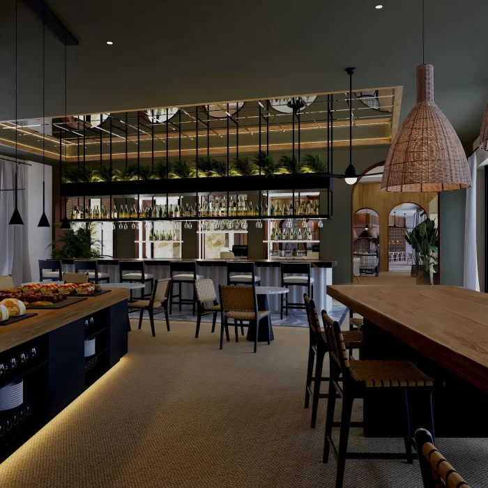 A spacious Preferred Club bar area with a buffet, long wooden table, and a well-stocked bar.