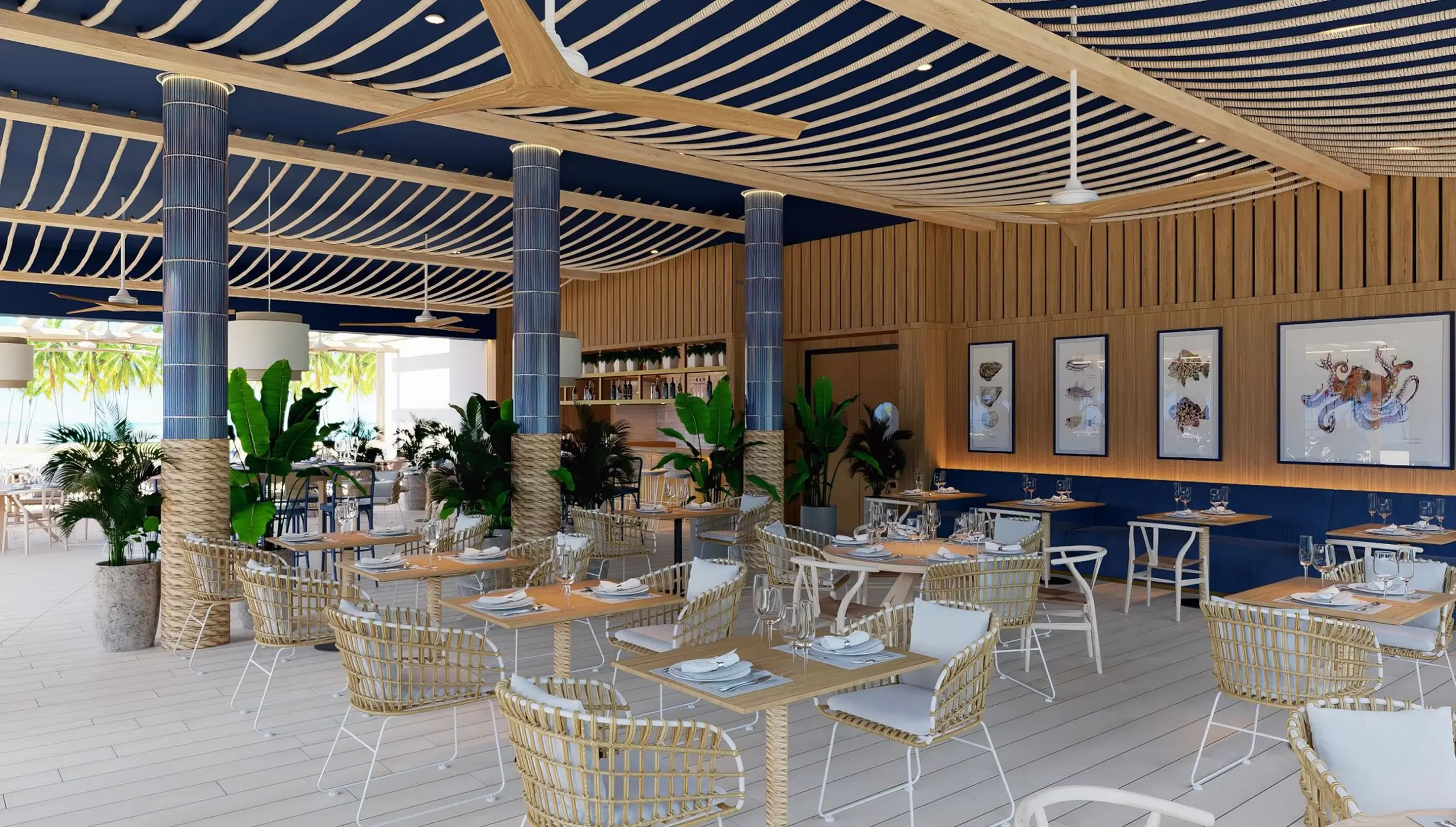 Seaside Grill restaurant with nautical decor at Secrets Playa Esmeralda, Miches