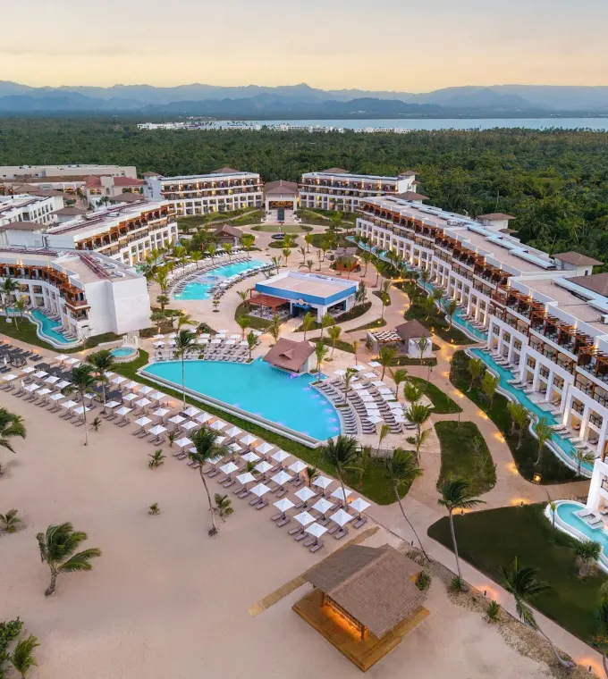 Aerial view of Secrets Playa Esmeralda at sunset, Miches