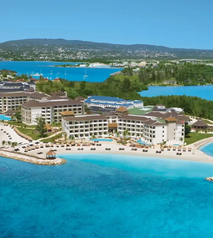 Aerial view of Secrets Wild Orchid on a white sand peninsula, Montego Bay
