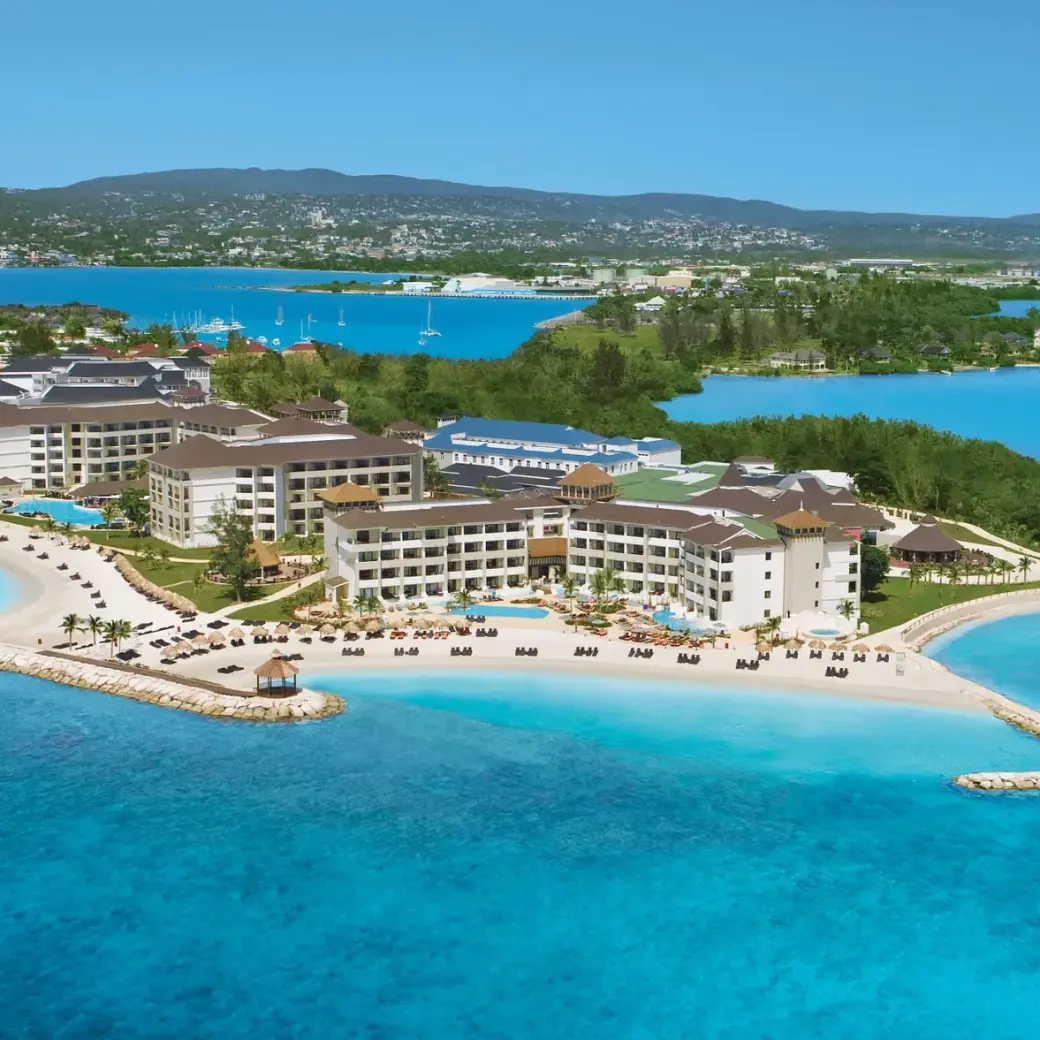 Aerial view of Secrets Wild Orchid on a white sand peninsula, Montego Bay