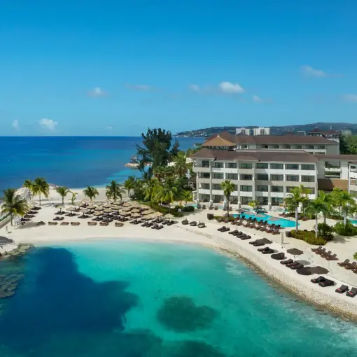Secrets Wild Orchid Montego Bay aerial beach view and pools, Montego Bay