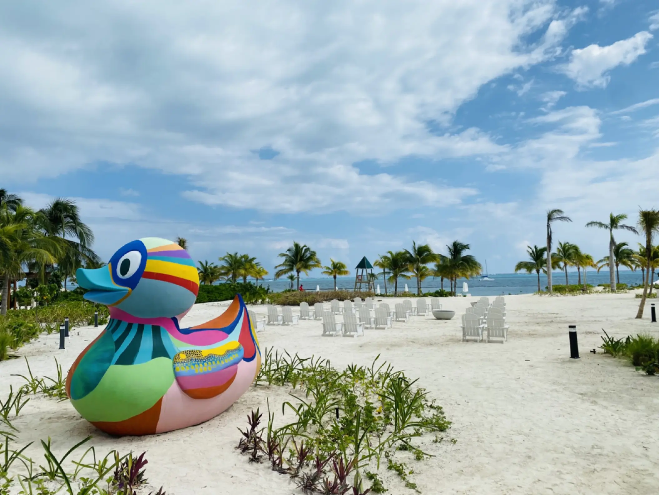 Colorful rubber duck sculpture at the SLS Playa Mujeres beach venue, Cancun