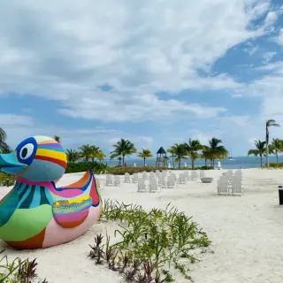 Colorful rubber duck sculpture at the SLS Playa Mujeres beach venue, Cancun