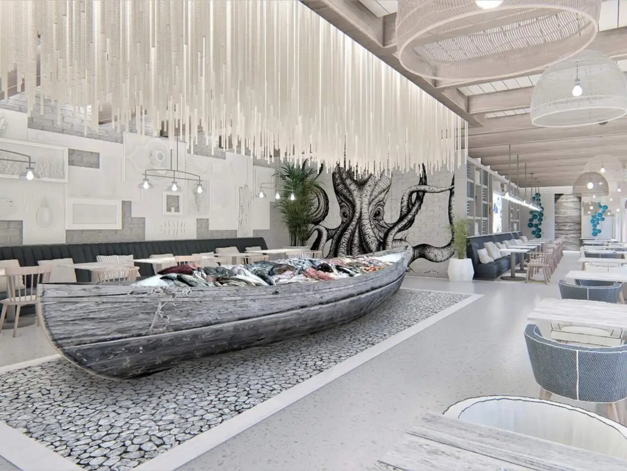 Cleo restaurant dining room with octopus mural and boat-shaped seafood display at SLS Playa Mujeres, Cancun