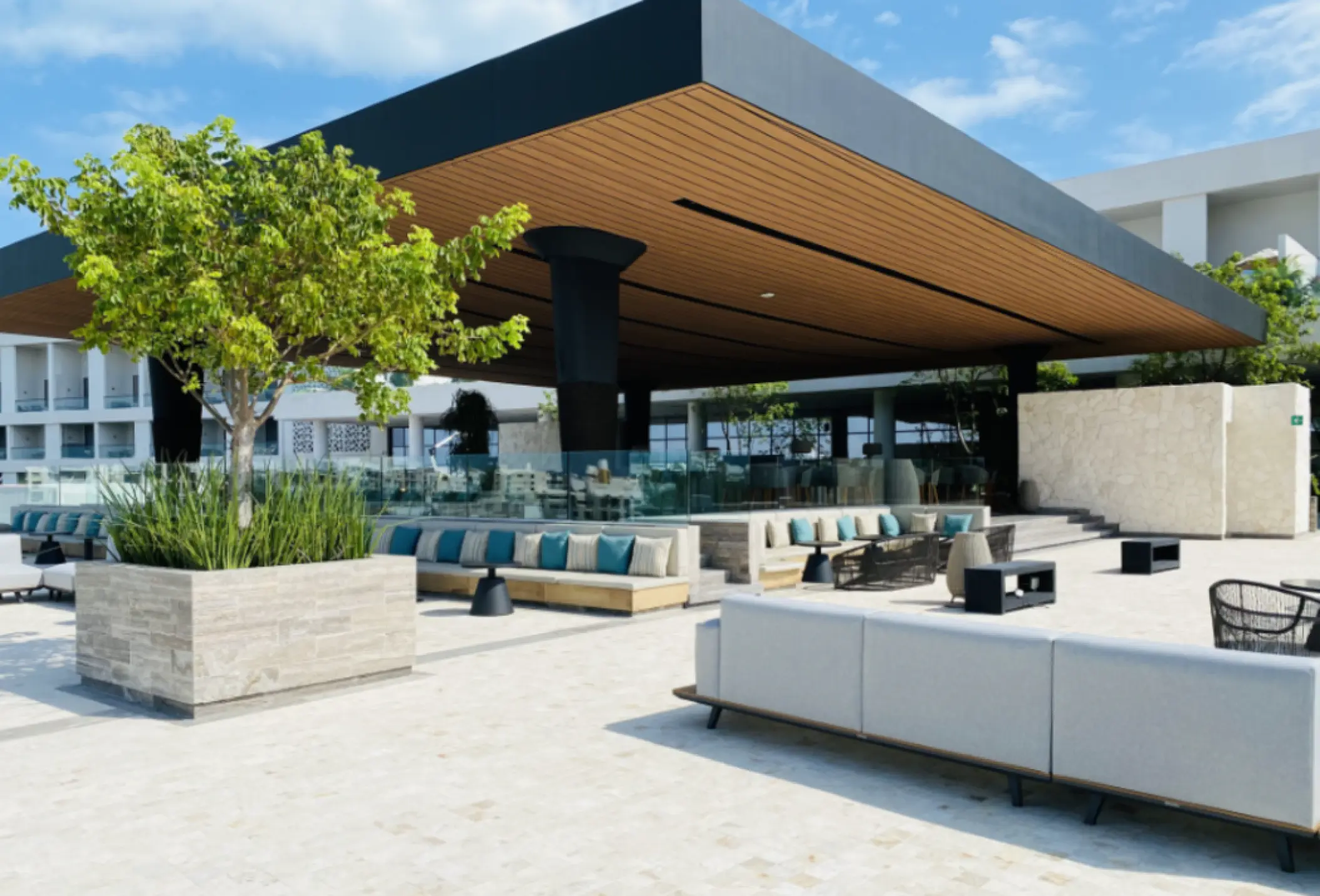 Modern outdoor lounge and terrace at SLS Playa Mujeres, Cancun