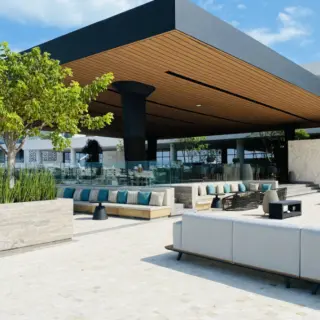 Modern outdoor lounge and terrace at SLS Playa Mujeres, Cancun
