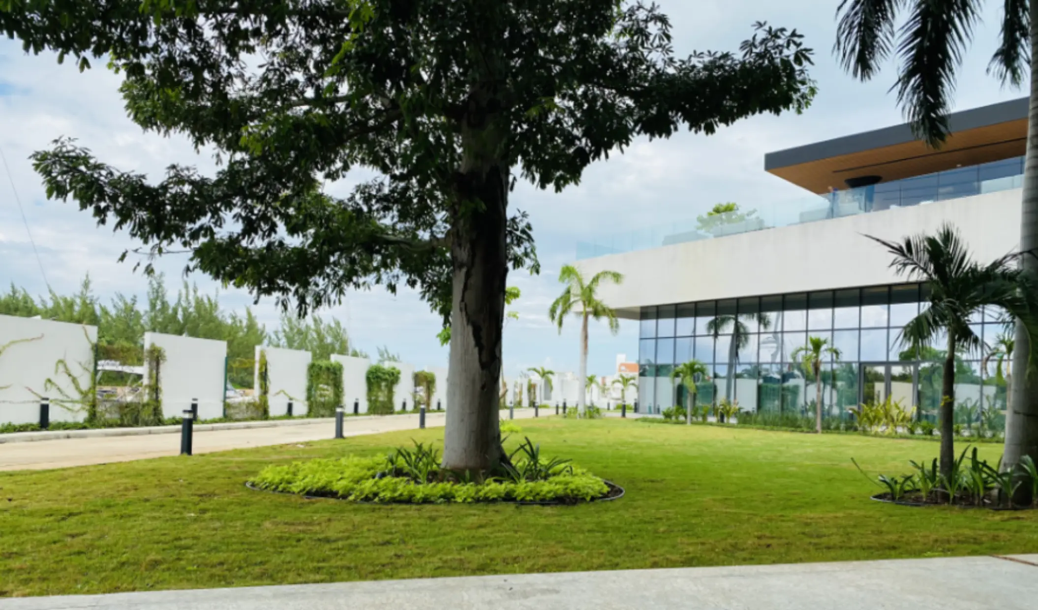 Marina Lawn wedding venue with green grass and modern architecture at SLS Playa Mujeres, Cancun