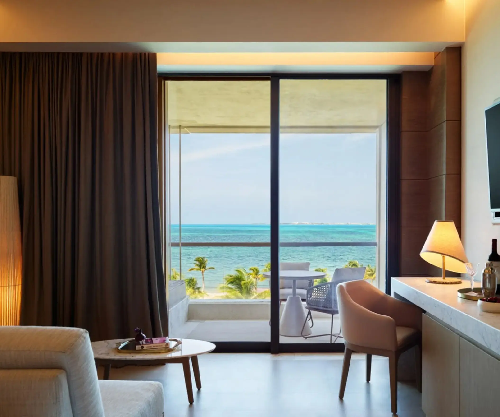 Modern suite balcony with an ocean view at SLS Playa Mujeres, Cancun