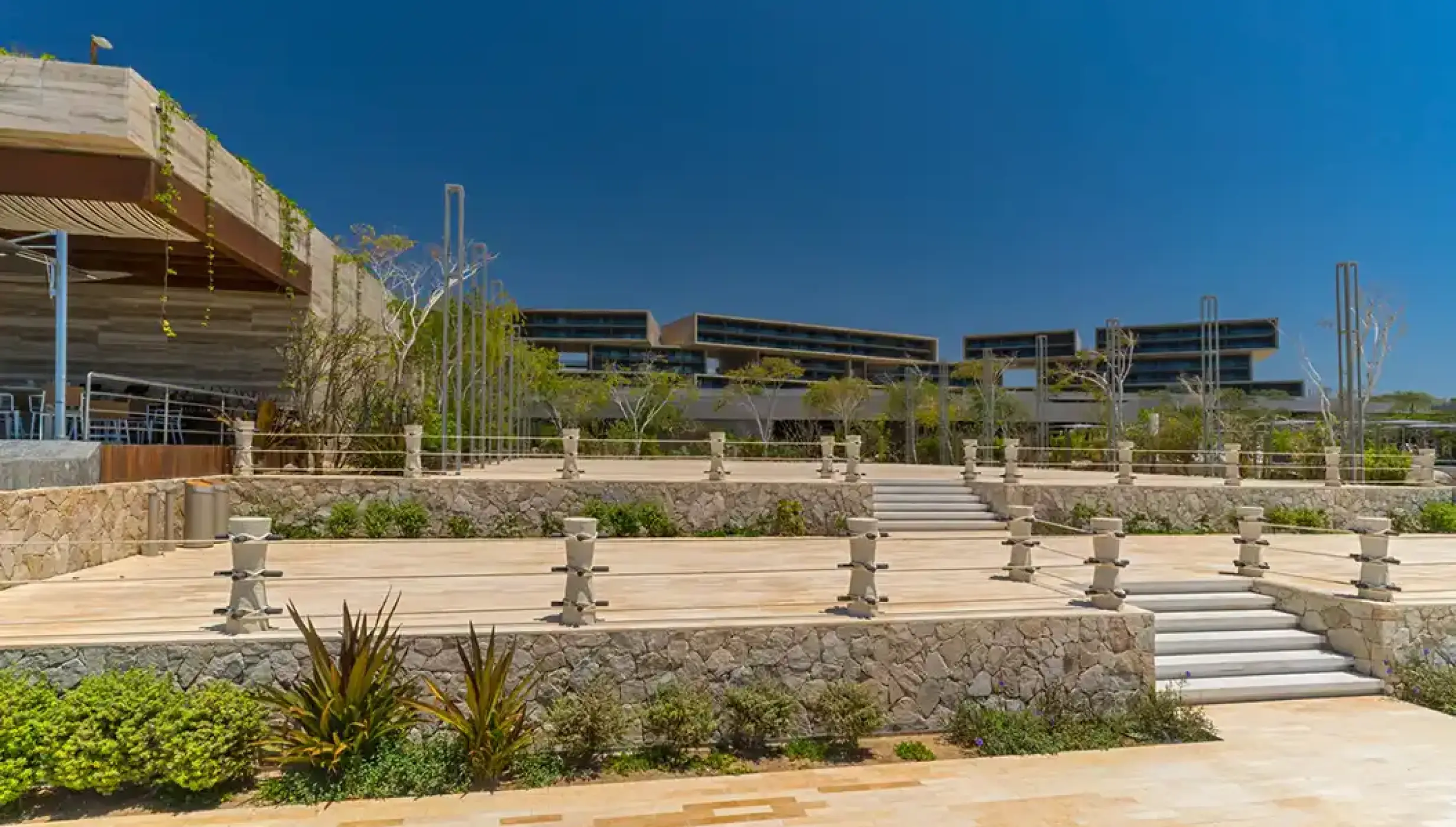 Tiered stone outdoor terrace at Solaz Los Cabos, Cabo San Lucas