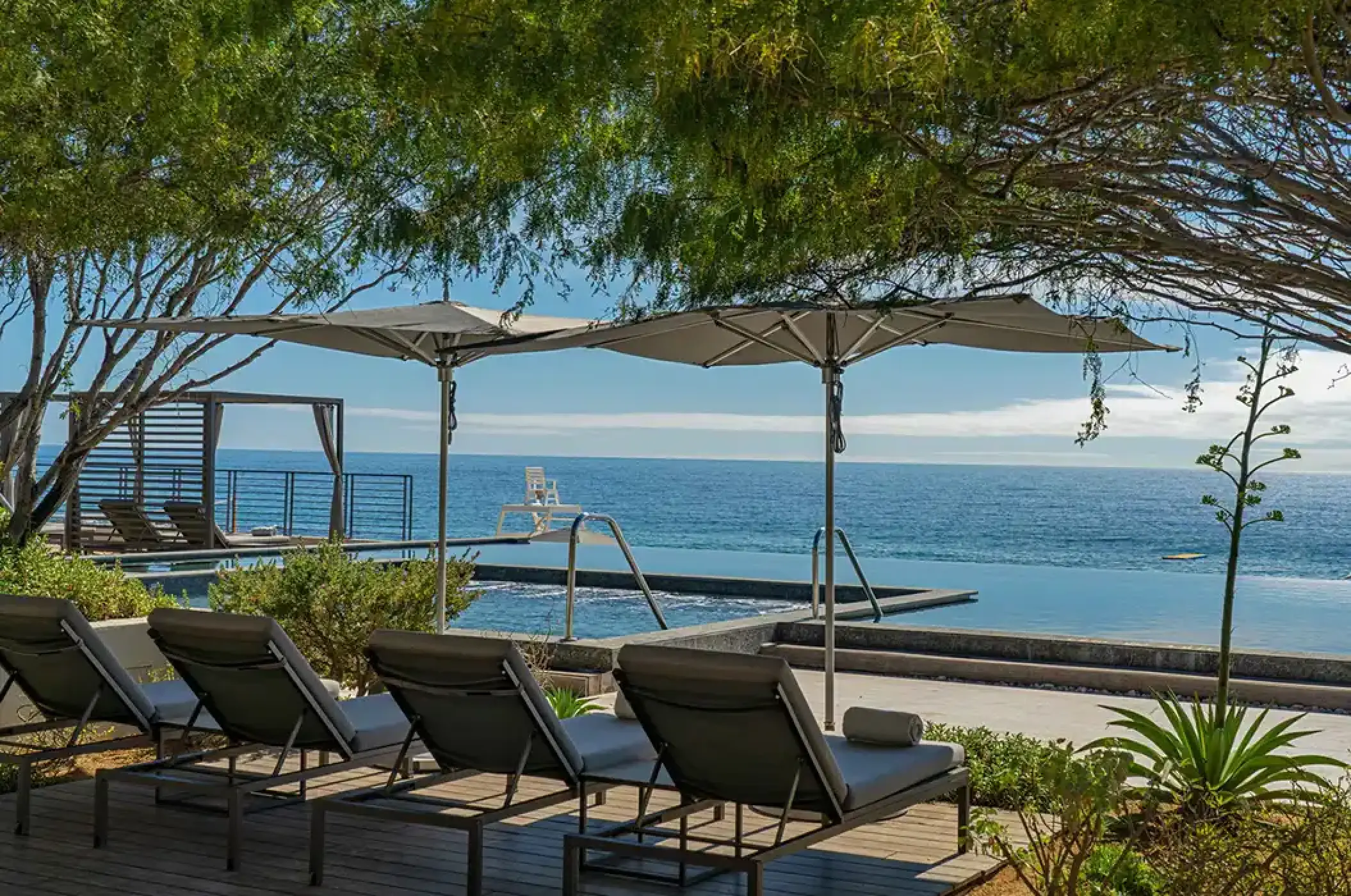 Erizo infinity pool with lounge chairs and umbrellas at Solaz Los Cabos, Cabo San Lucas