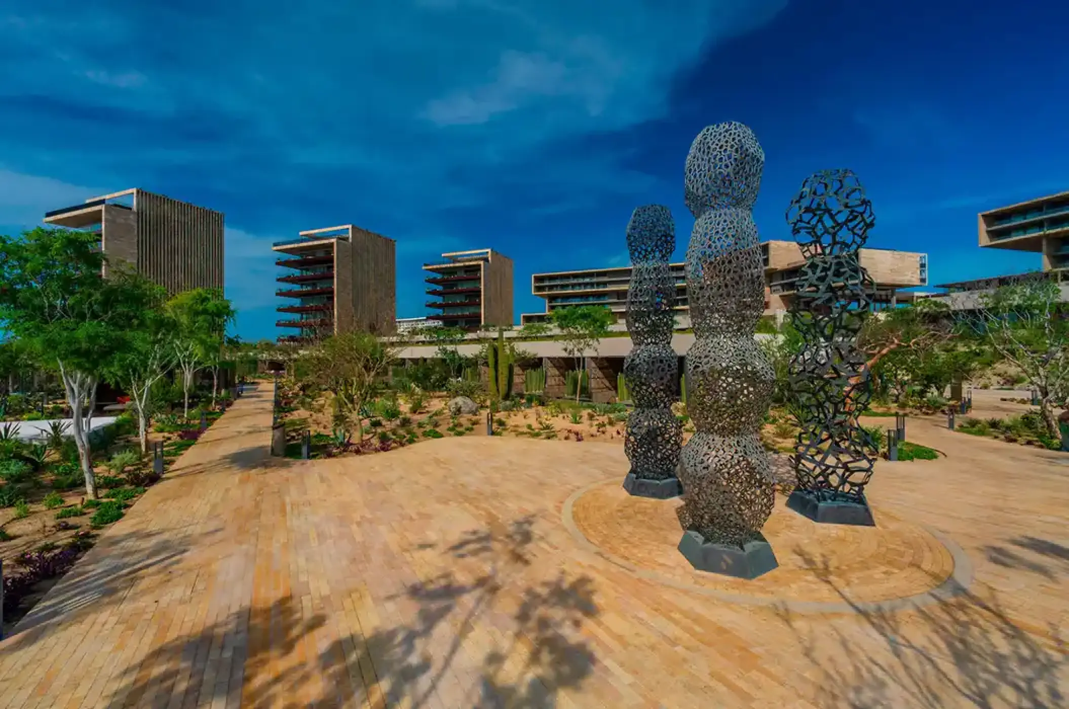 Modern outdoor sculptures and contemporary architecture at Solaz Los Cabos, Cabo San Lucas