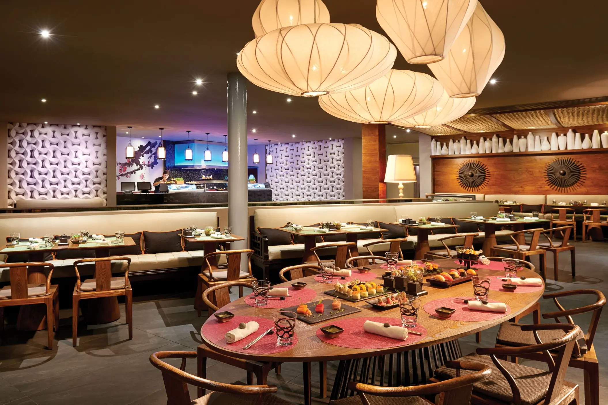 Oka Sushi Bar restaurant interior with large hanging lantern lights at The Fives Beach Hotel, Playa Del Carmen