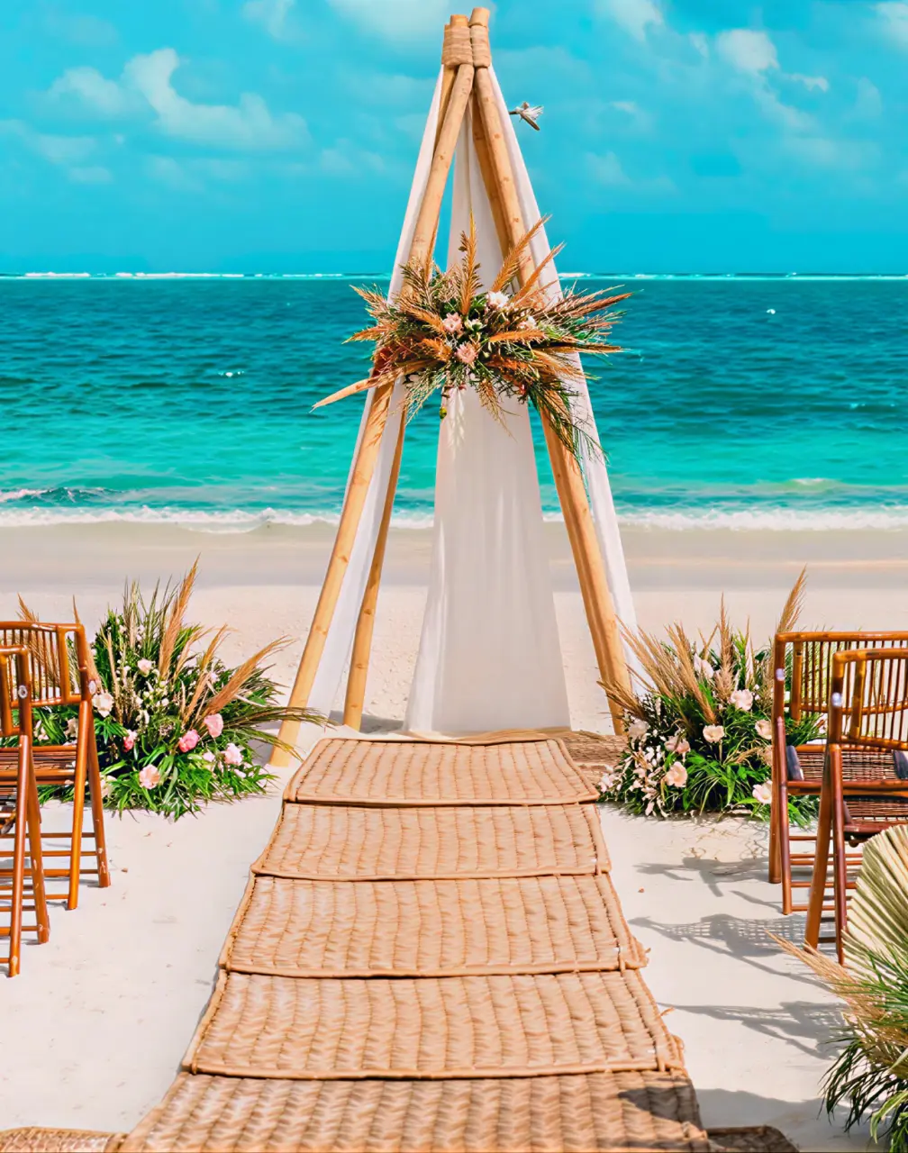 Beachfront wedding ceremony with a wooden teepee arch and woven aisle at The Fives Oceanfront, Mexico