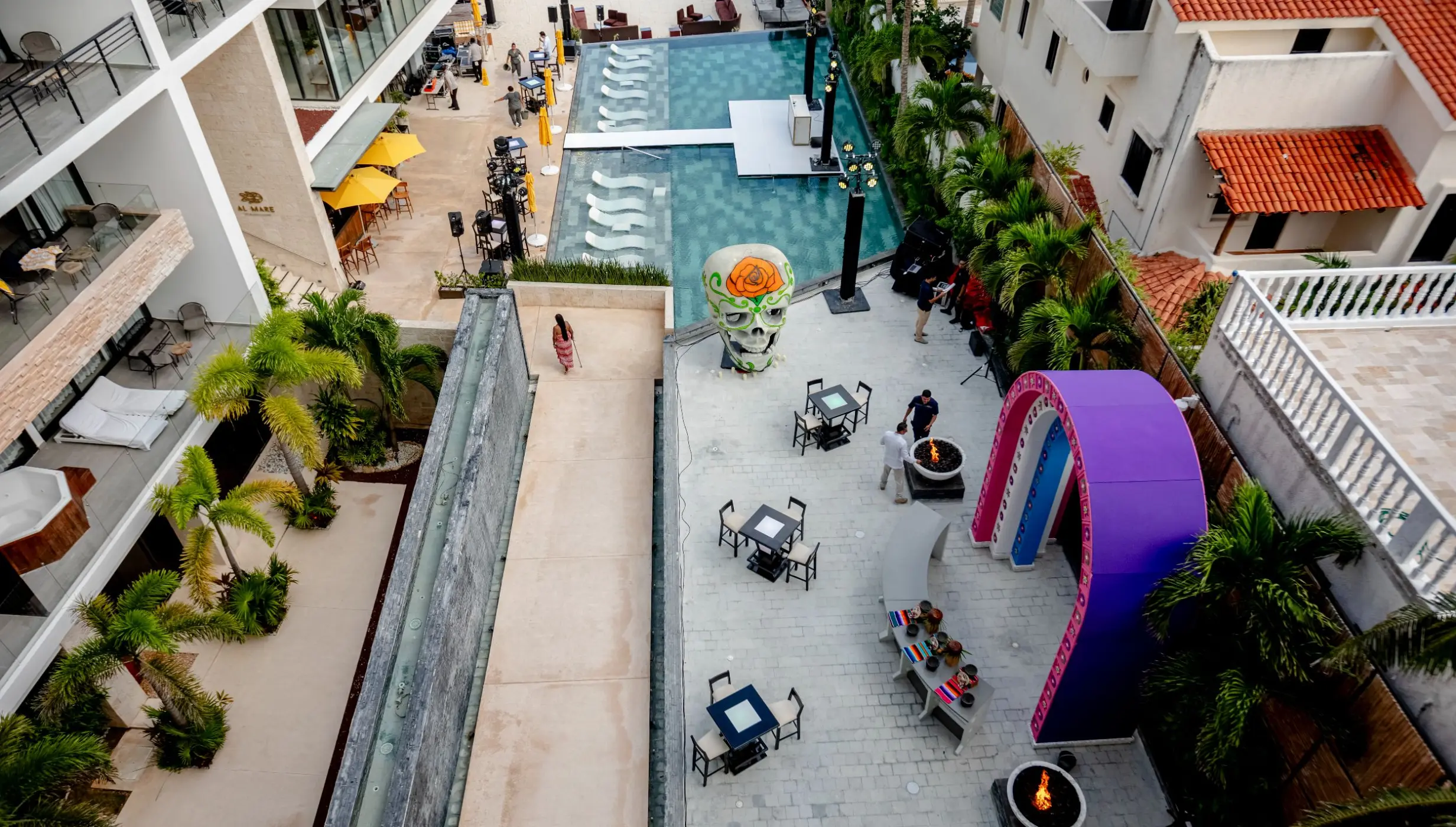 Aerial view of the lobby terrace and pool at The Fives Oceanfront, Riviera Maya