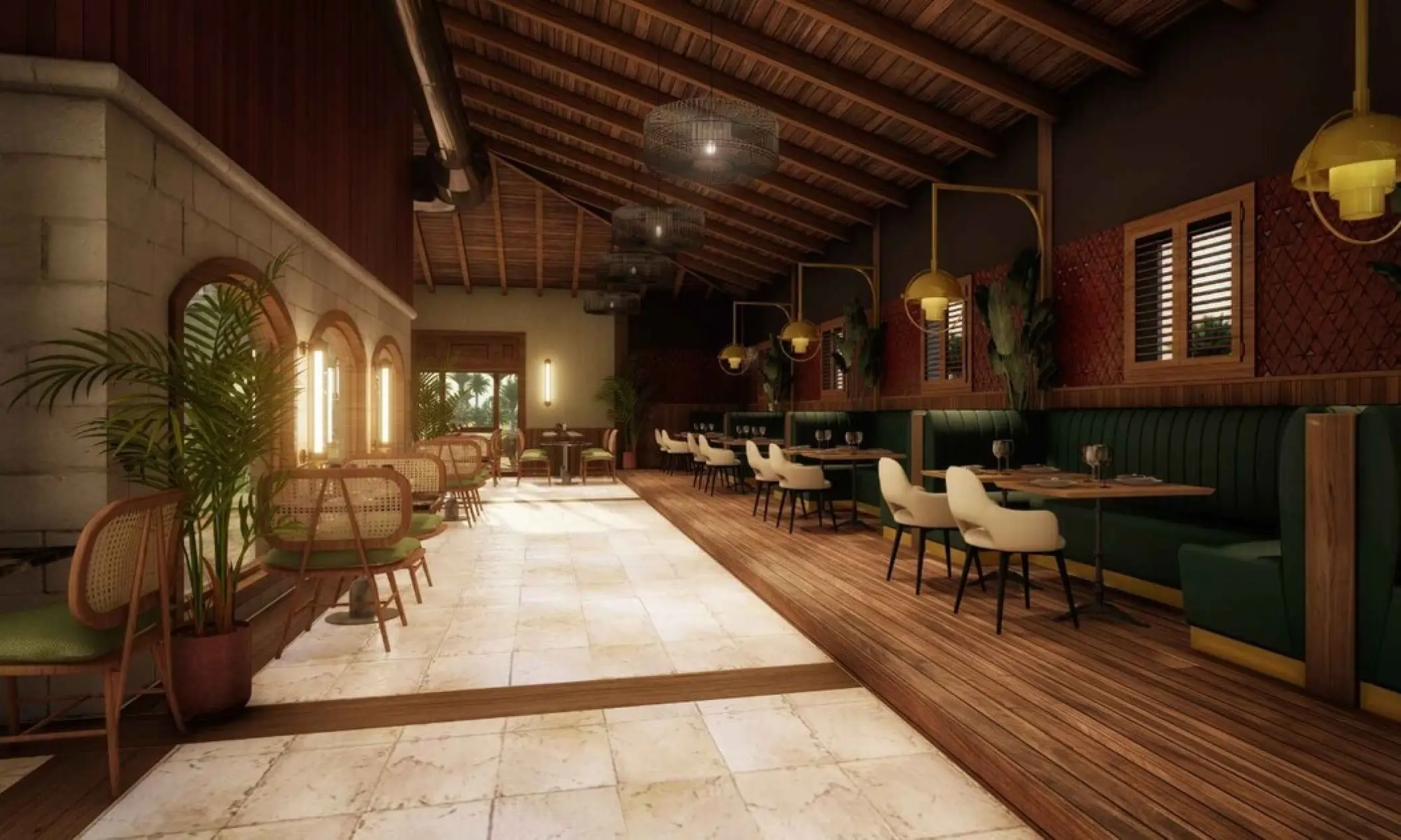 Modern indoor dining area with booth seating and wooden ceilings at TRS Turquesa, Punta Cana