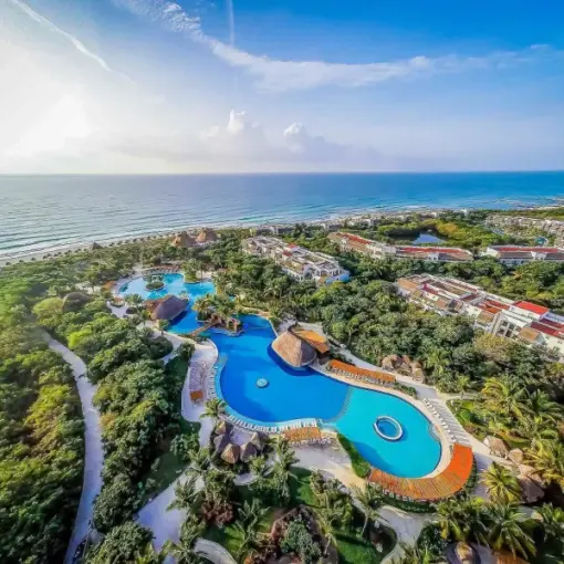Valentin Imperial Riviera Maya aerial view of beachfront pools and resort grounds, Riviera Maya