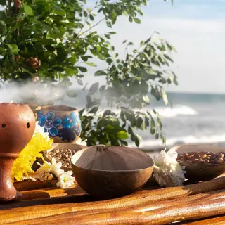 Traditional Mayan wedding ceremony décor with copal incense and flowers at Valentin Imperial, Riviera Maya