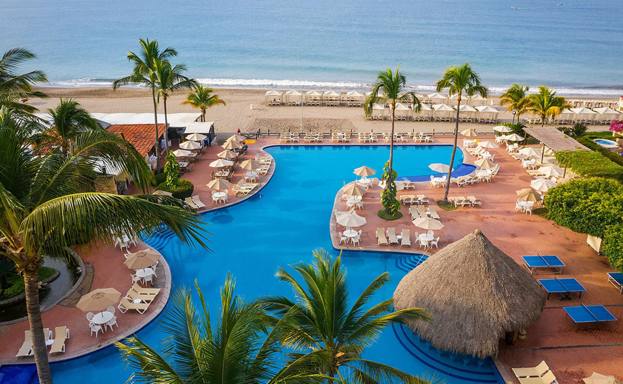 Aerial view of Velas Vallarta pool and beachfront, Puerto Vallarta