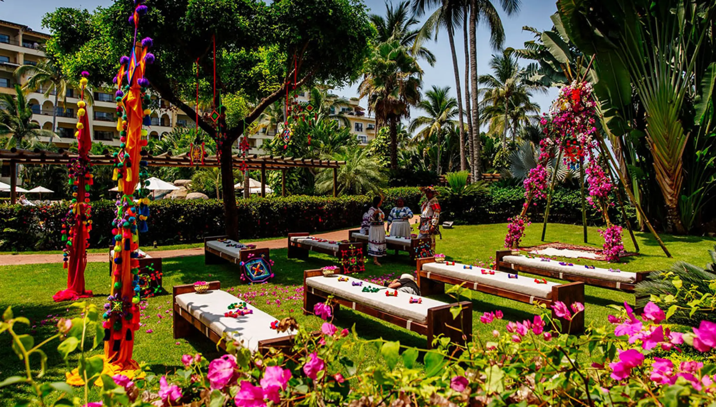 Huichol wedding ceremony setup in the garden at Velas Vallarta, Puerto Vallarta