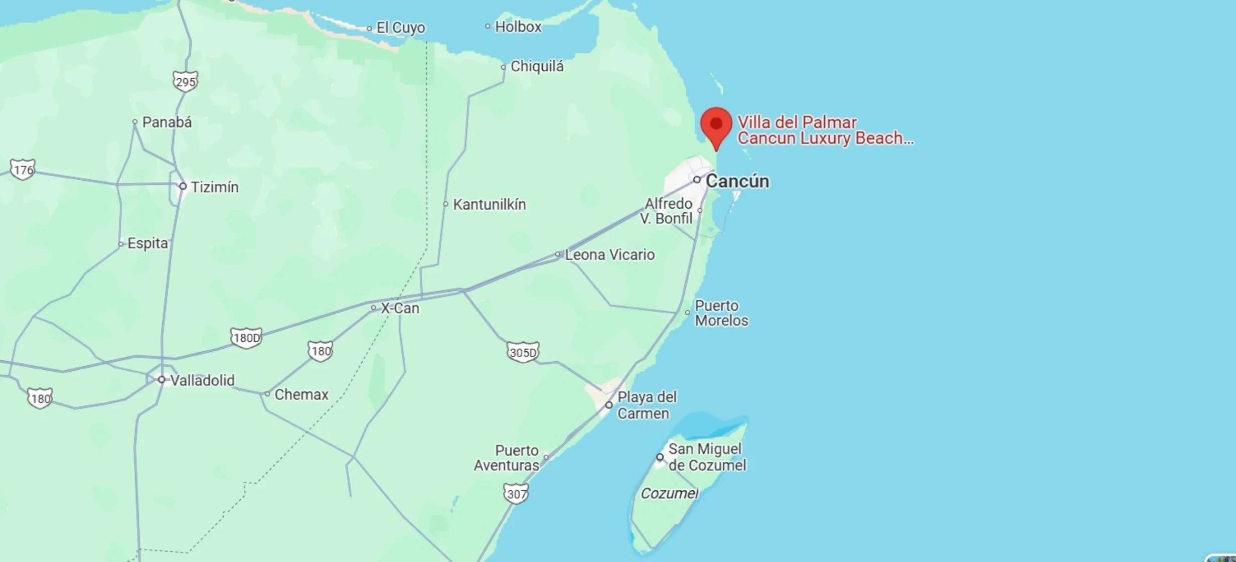 map showing location of Villa del Palmar Cancun Luxury Beach Resort & Spa in Mexico