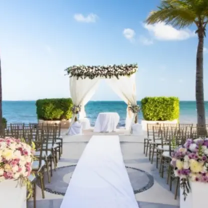 Patio wedding ceremony setup at Villa del Palmar Cancun overlooking the ocean, Cancun