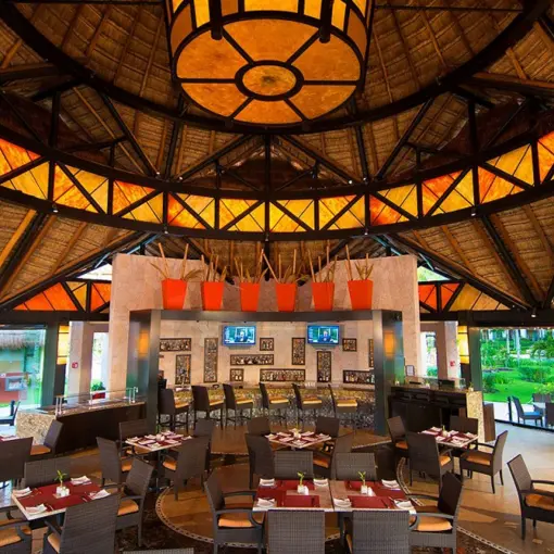 Zama Mexican Restaurant with high thatched ceilings at Villa del Palmar Cancun