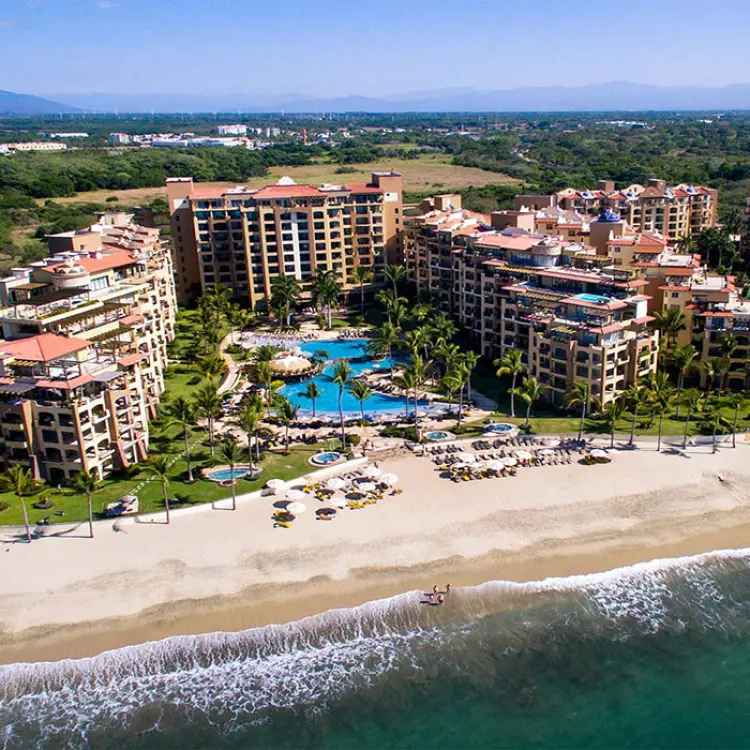 Aerial view of Villa La Estancia Riviera Nayarit beachfront buildings and pool complex, Puerto Vallarta