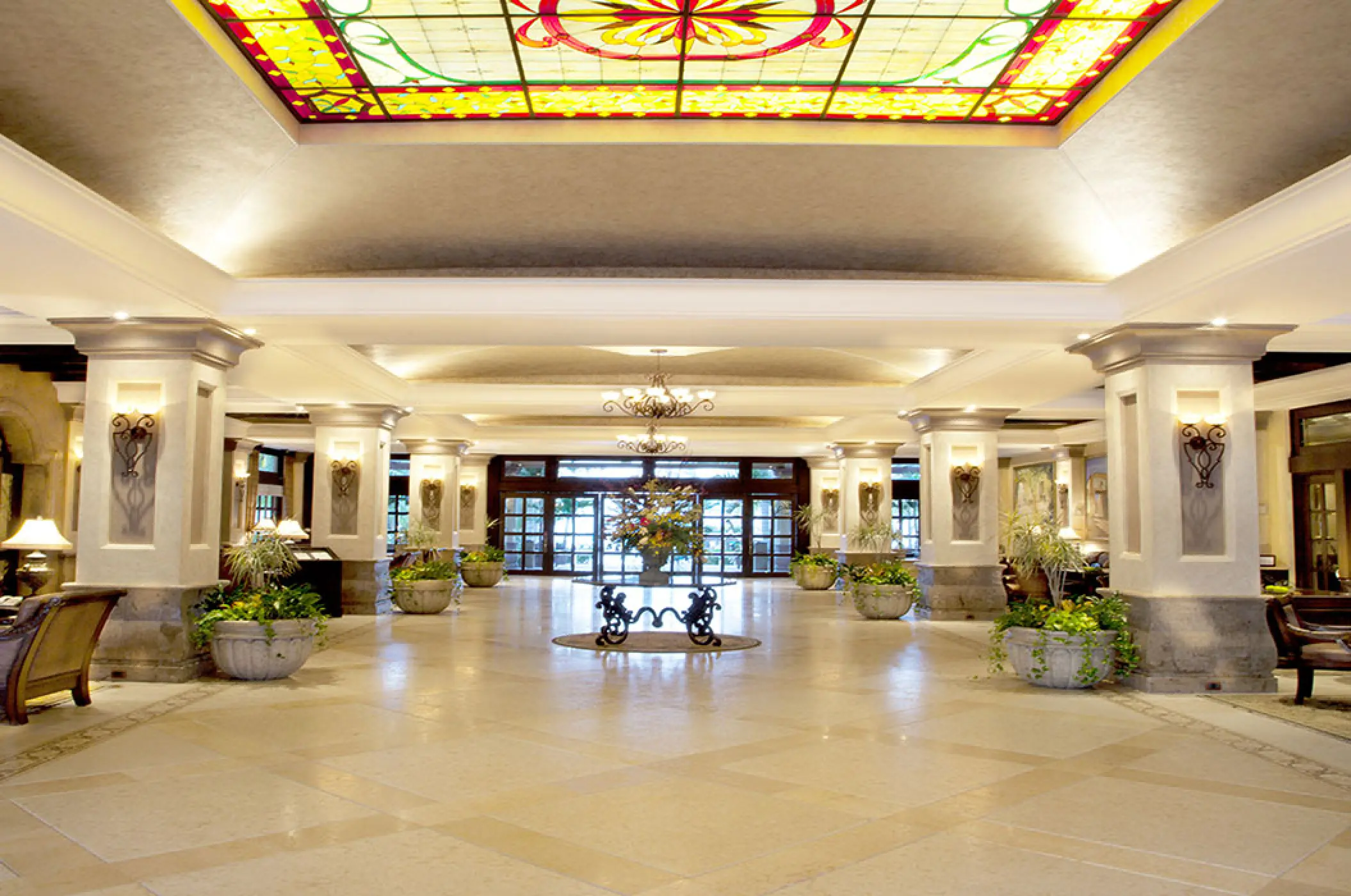 Stained glass ceiling and pillars in the lobby at Villa La Estancia Riviera Nayarit, Puerto Vallarta